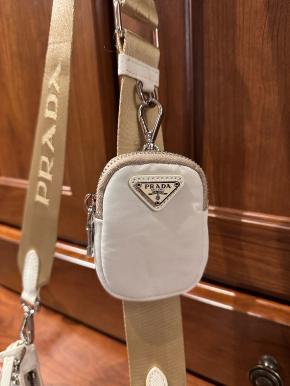 Prada  style Cream Nylon Shoulder Bag with Beige Webbing Strap - Picture 2 of 7